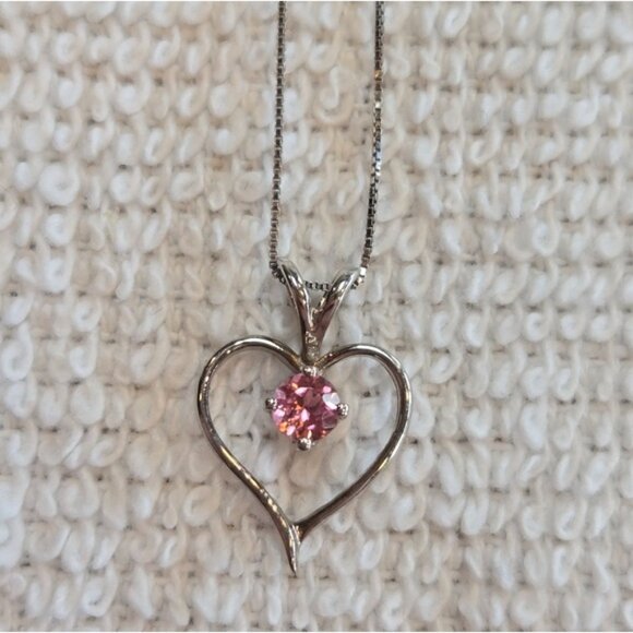 14k White Gold Heart Necklace with Pink Gemstone - Picture 2 of 6